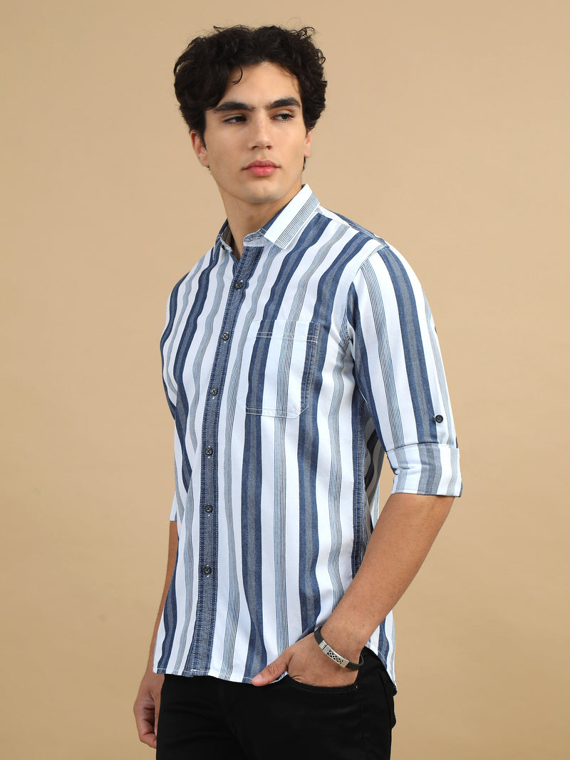 Men Navy Slim Fit Stripes Full Sleeve Casual Shirt