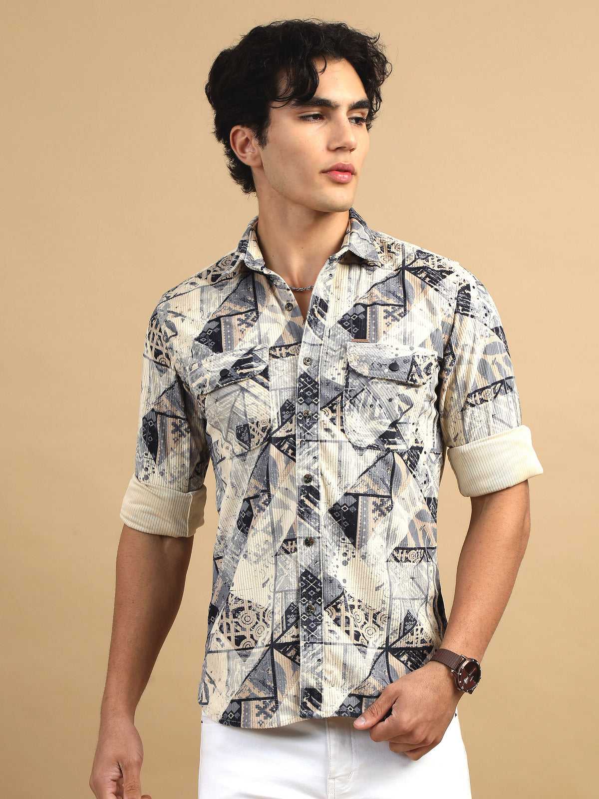 Men Navy & Cream Slim Fit Printed Full Sleeve Casual Shirt