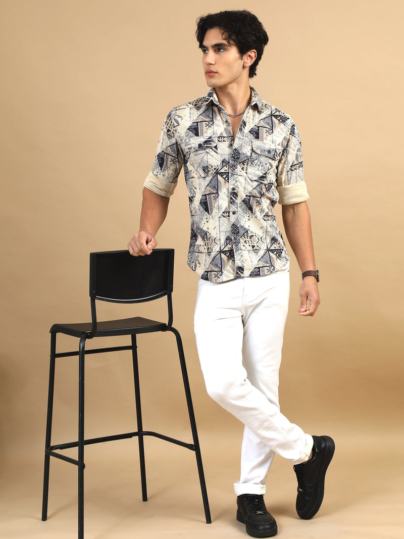 Men Navy & Cream Slim Fit Printed Full Sleeve Casual Shirt