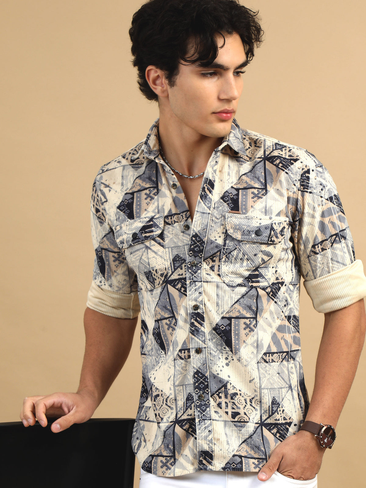 Men Navy & Cream Slim Fit Printed Full Sleeve Casual Shirt