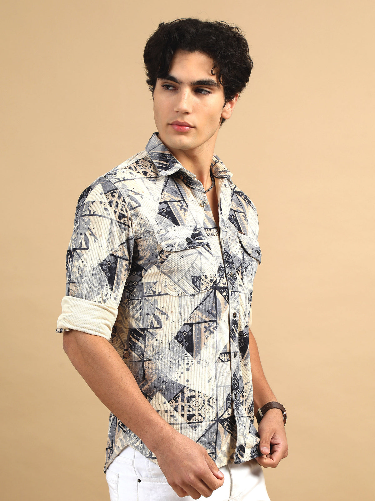 Men Navy & Cream Slim Fit Printed Full Sleeve Casual Shirt