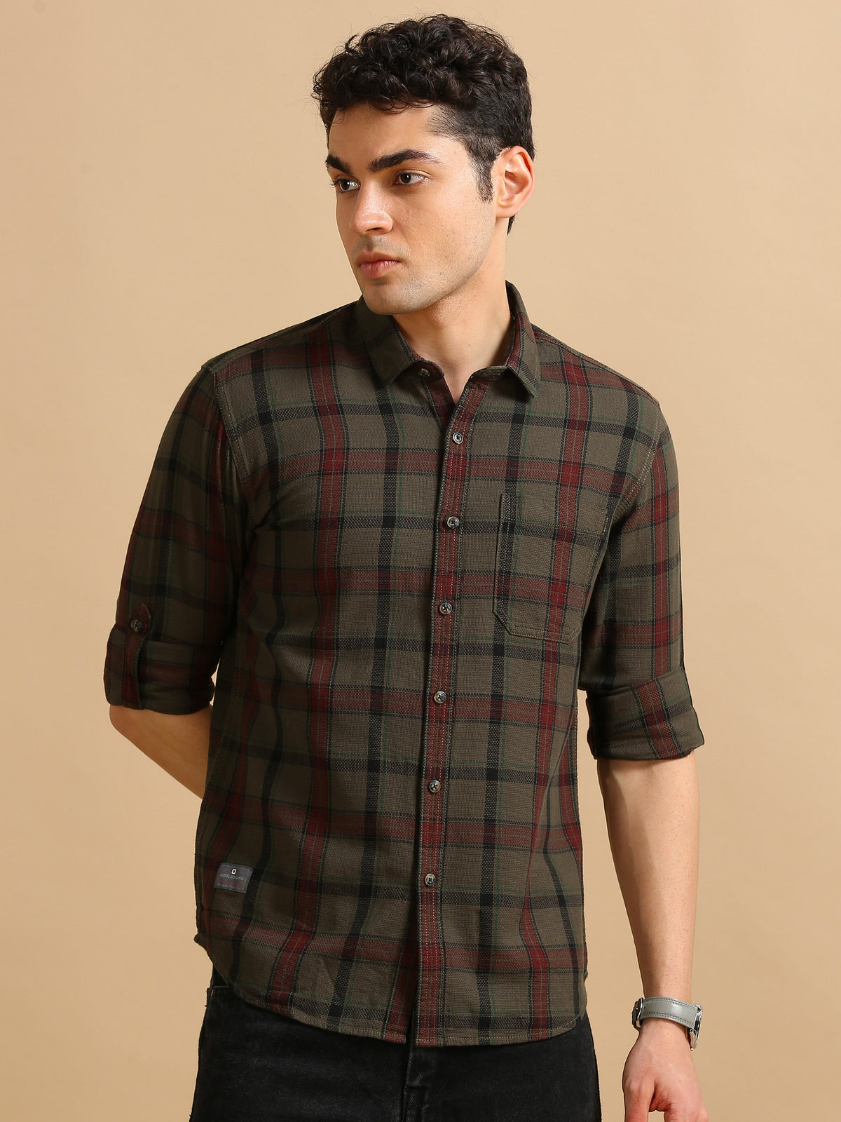 Men Green Slim Fit Checked Full Sleeve Casual Shirt