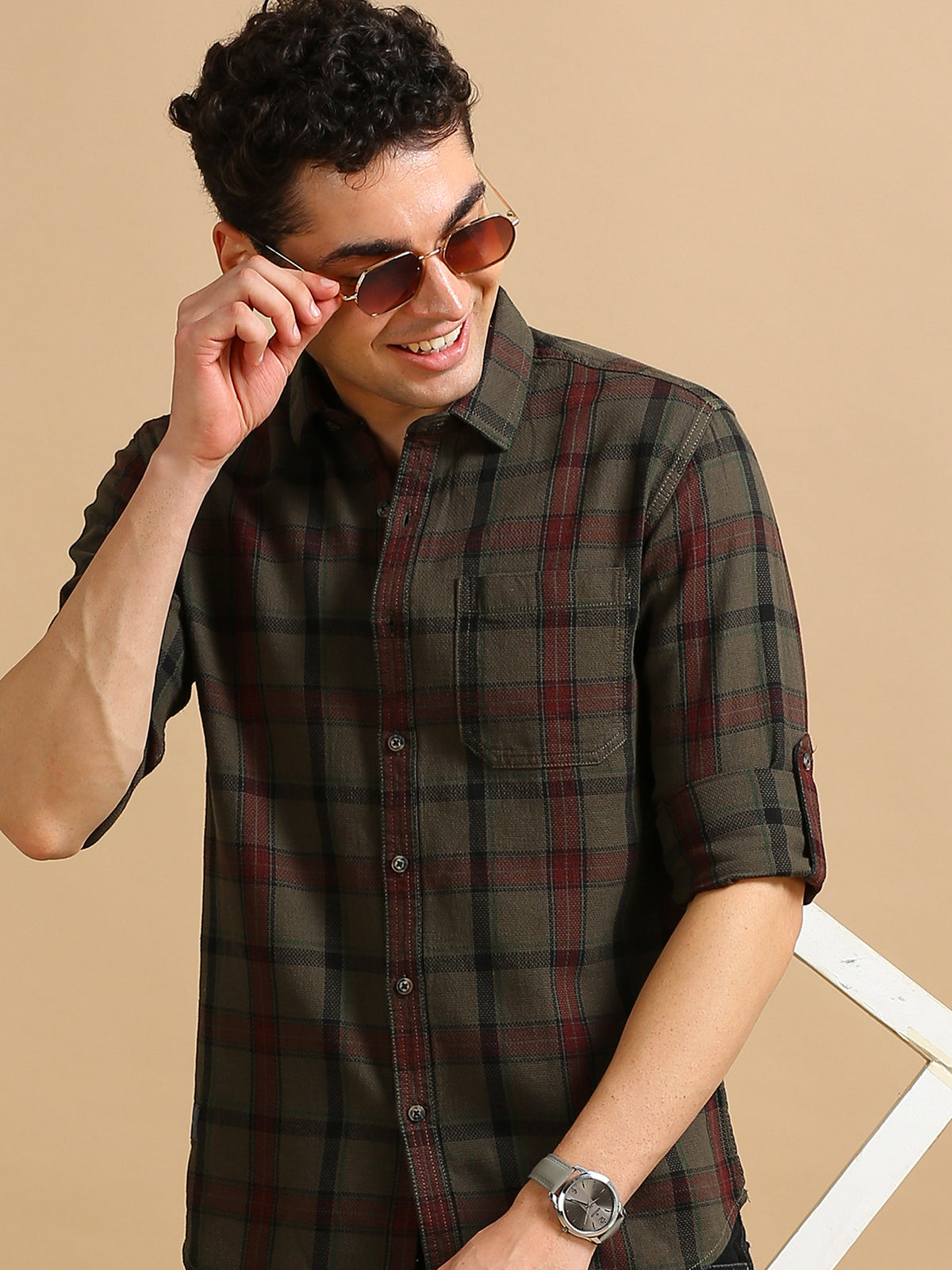 Men Green Slim Fit Checked Full Sleeve Casual Shirt