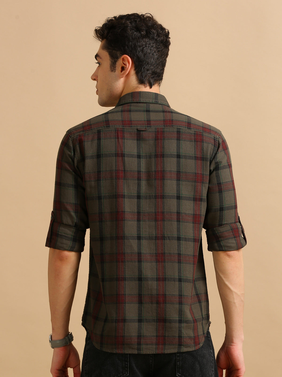 Men Green Slim Fit Checked Full Sleeve Casual Shirt