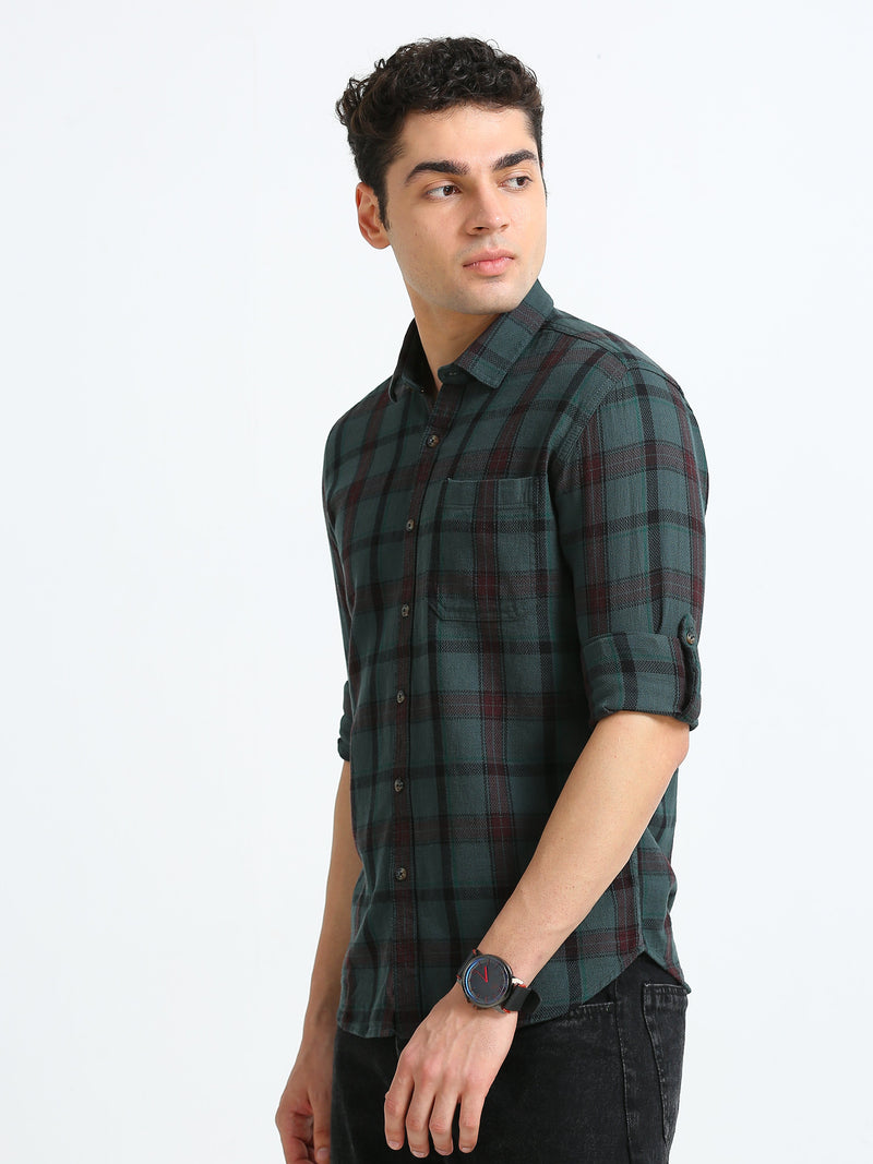 Men Green & Maroon Slim Fit Checks Full Sleeve Casual Shirt