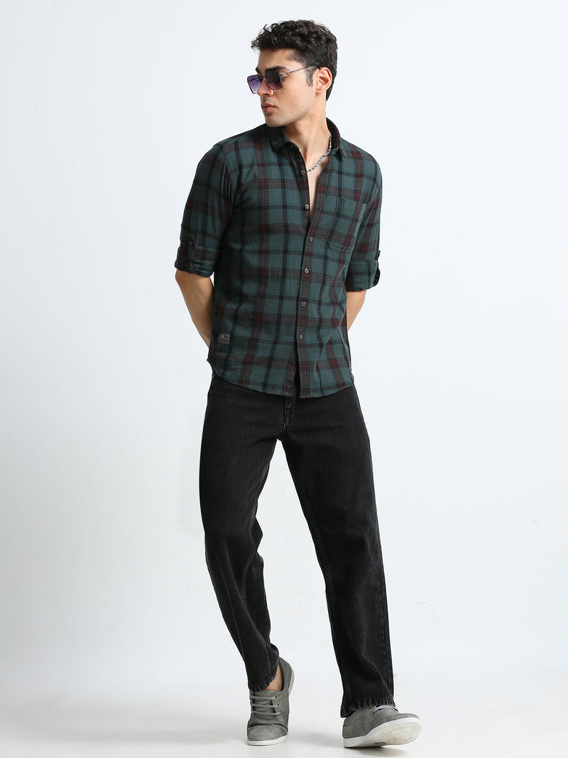 Men Green & Maroon Slim Fit Checks Full Sleeve Casual Shirt