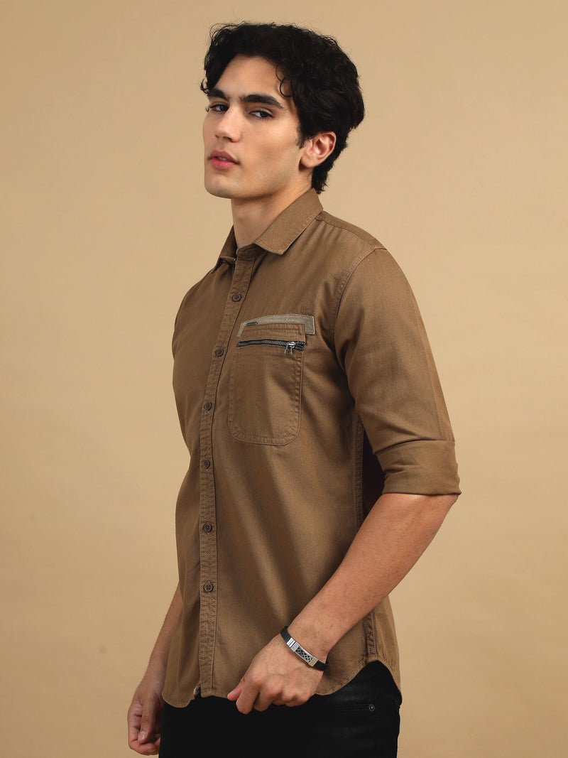 Men Khaki Slim Fit Solid Twil Full Sleeve Casual Shirt