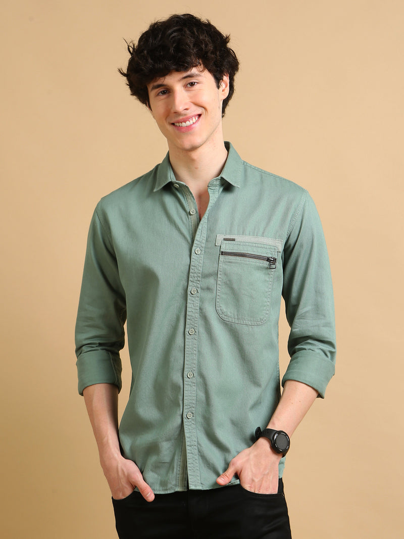 Men Green Slim Fit Solid Twil Full Sleeve Casual Shirt