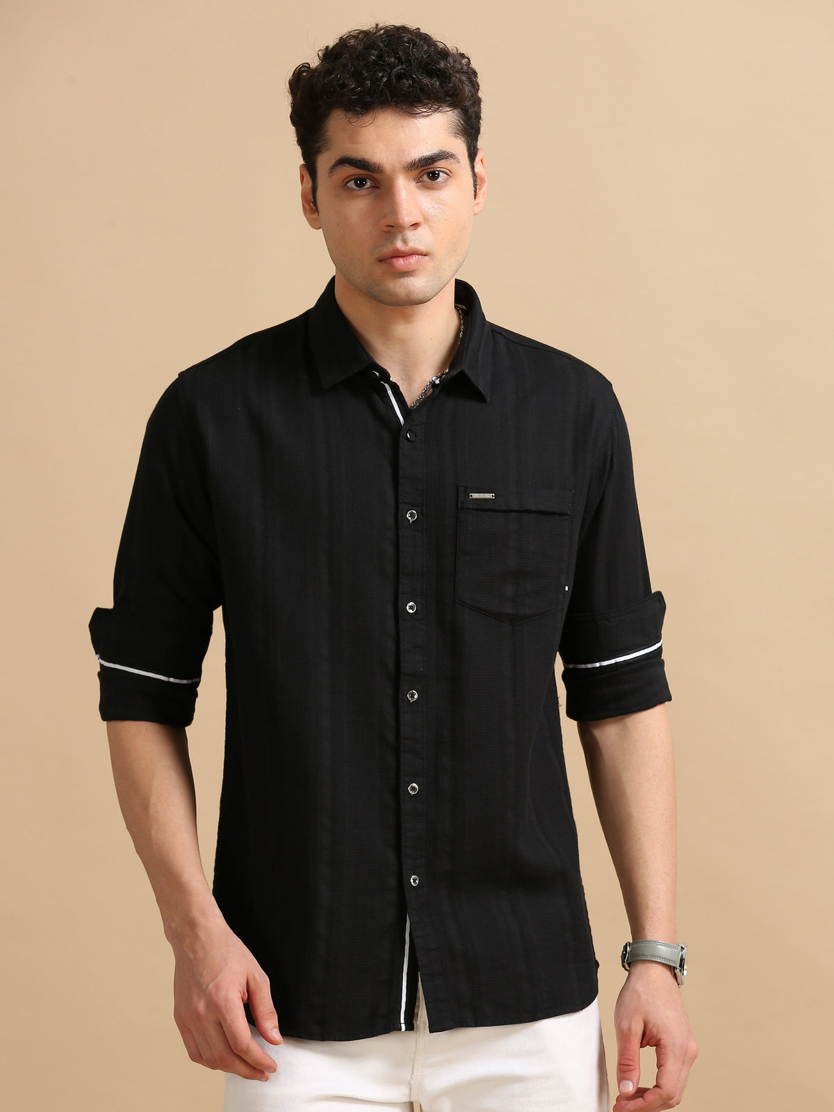 Men Black Slim Fit Dobby Textured Full Sleeve Casual Shirt