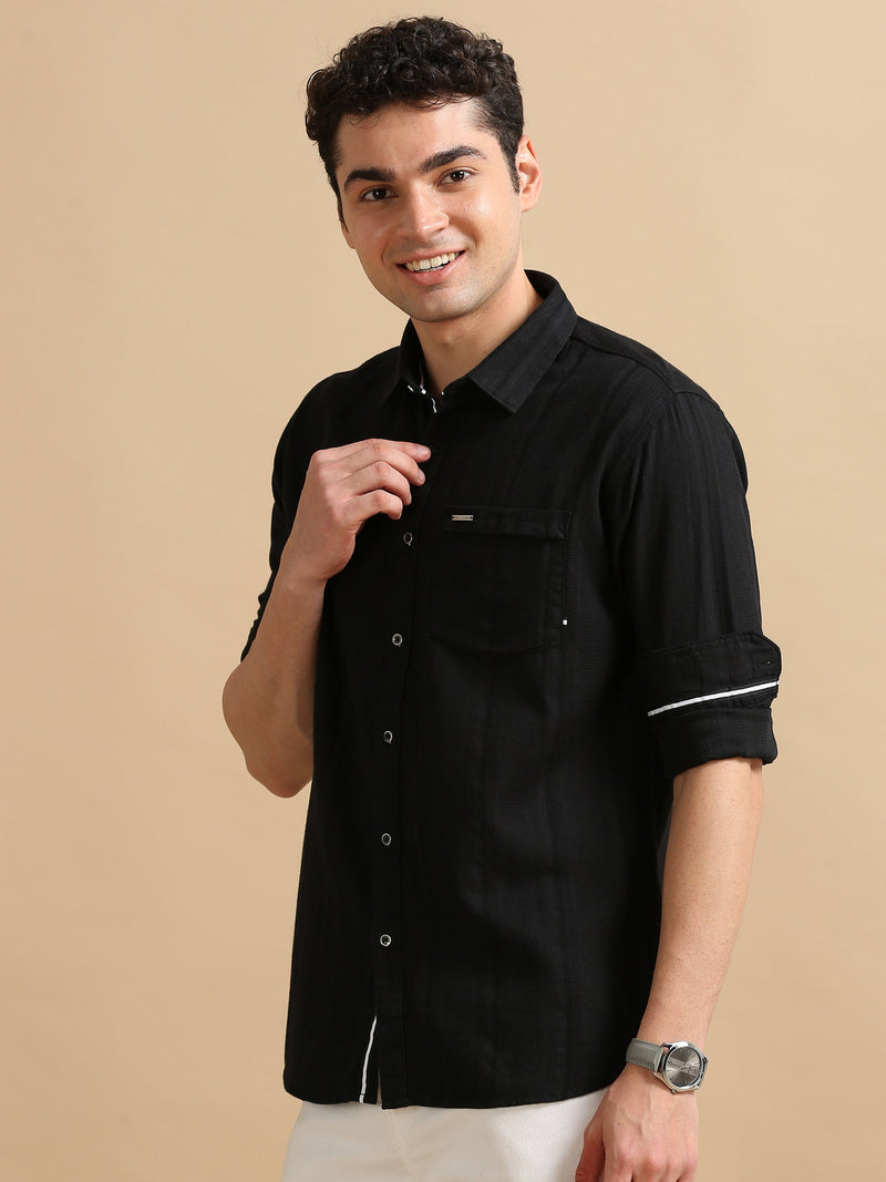 Men Black Slim Fit Dobby Textured Full Sleeve Casual Shirt