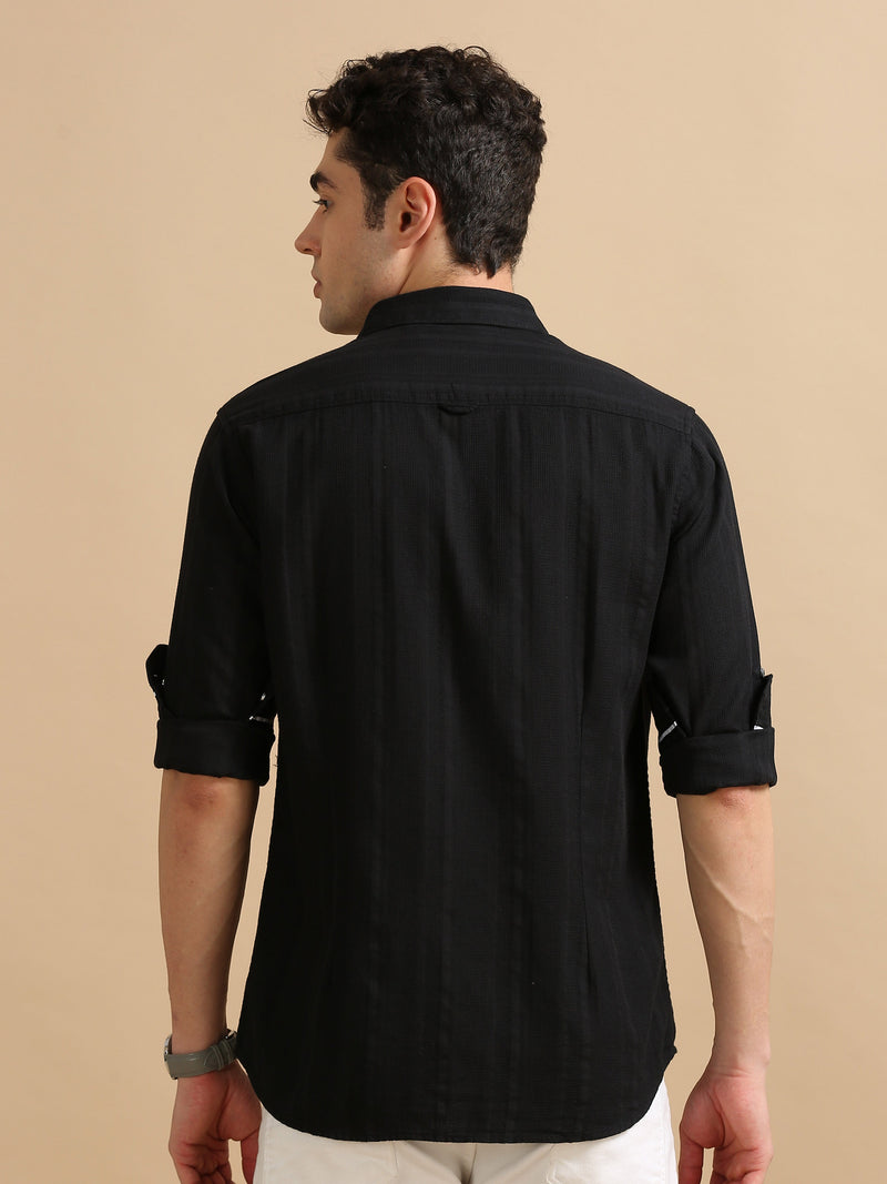 Men Black Slim Fit Dobby Textured Full Sleeve Casual Shirt