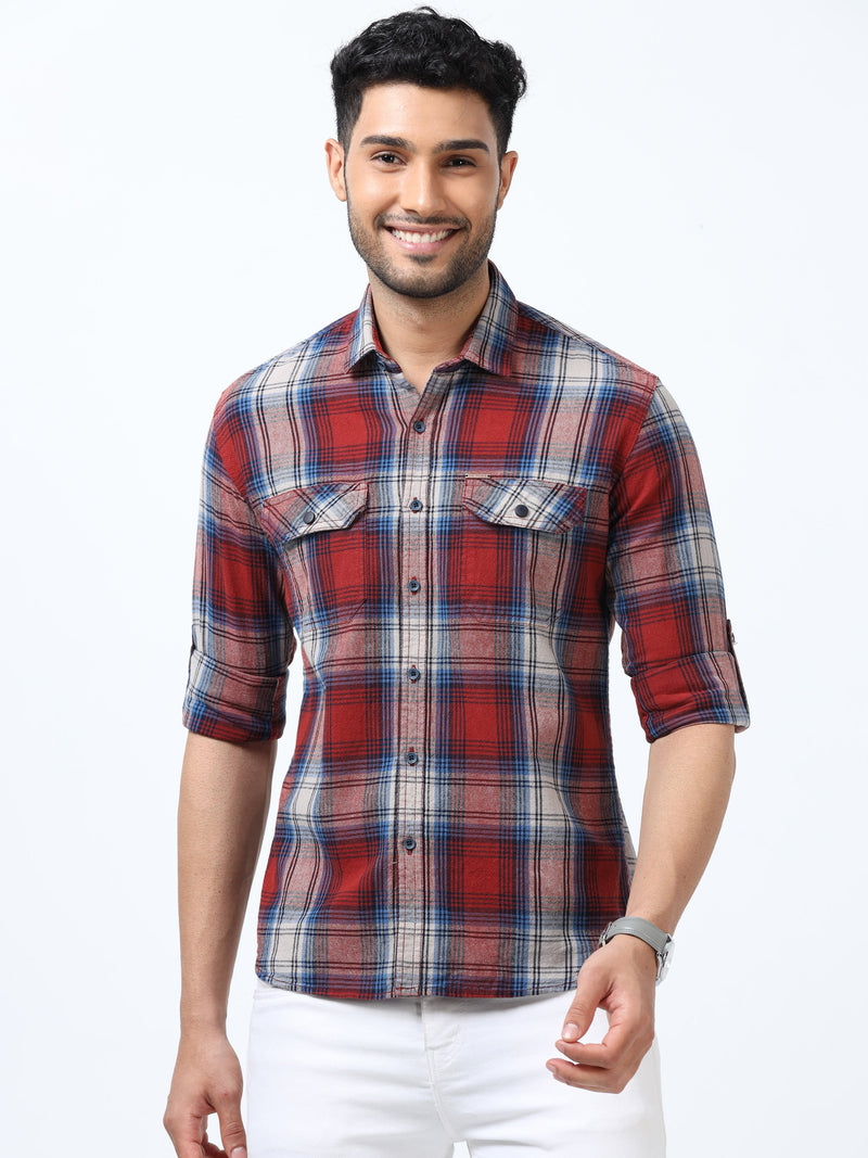 Men Blue & Red  Slim Fit Checks  Full Sleeve Casual Shirt