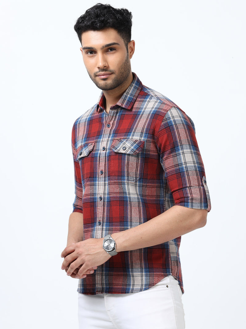 Men Blue & Red  Slim Fit Checks  Full Sleeve Casual Shirt