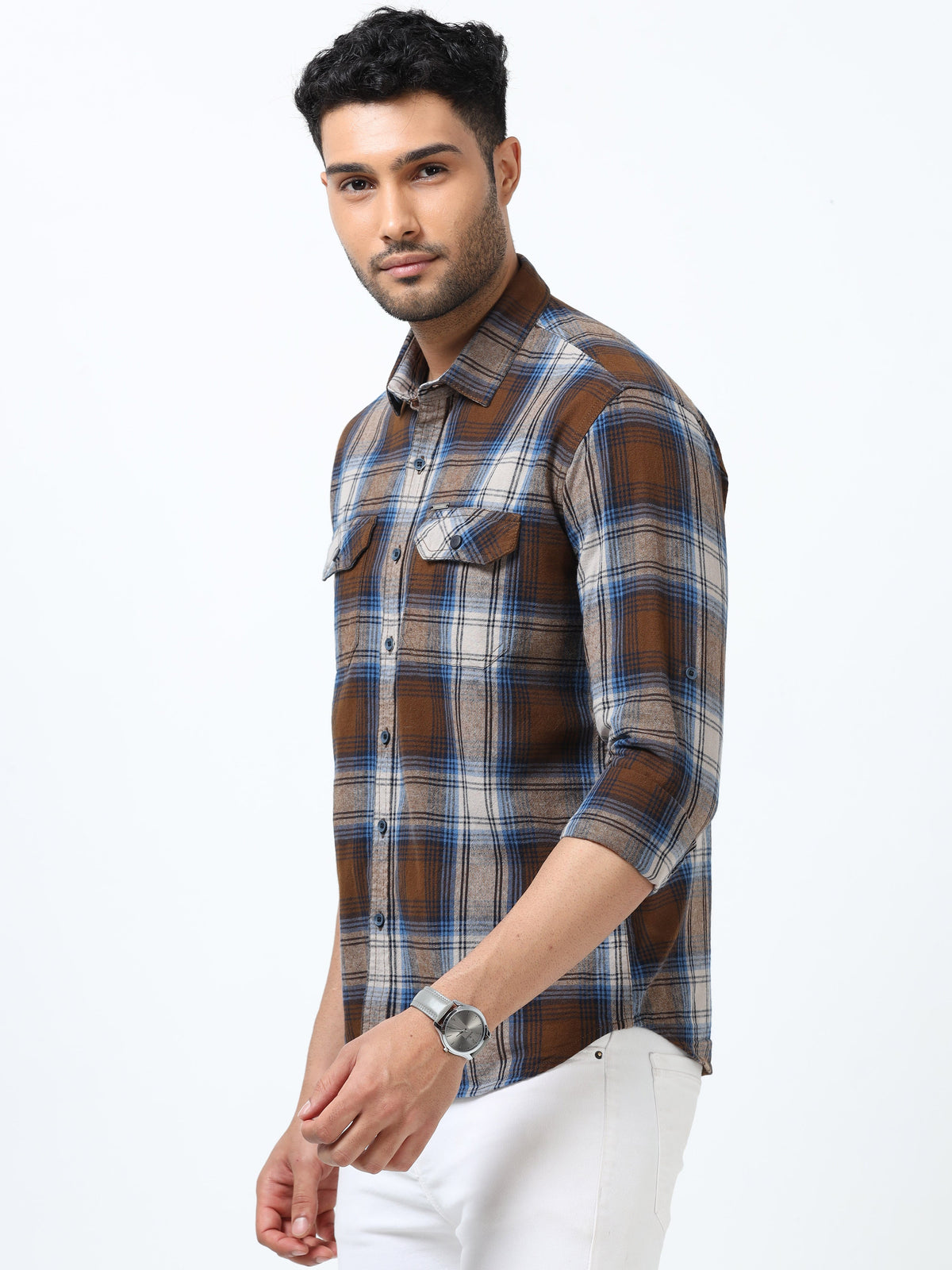 Men Blue & Mustard  Slim Fit Checks  Full Sleeve Casual Shirt