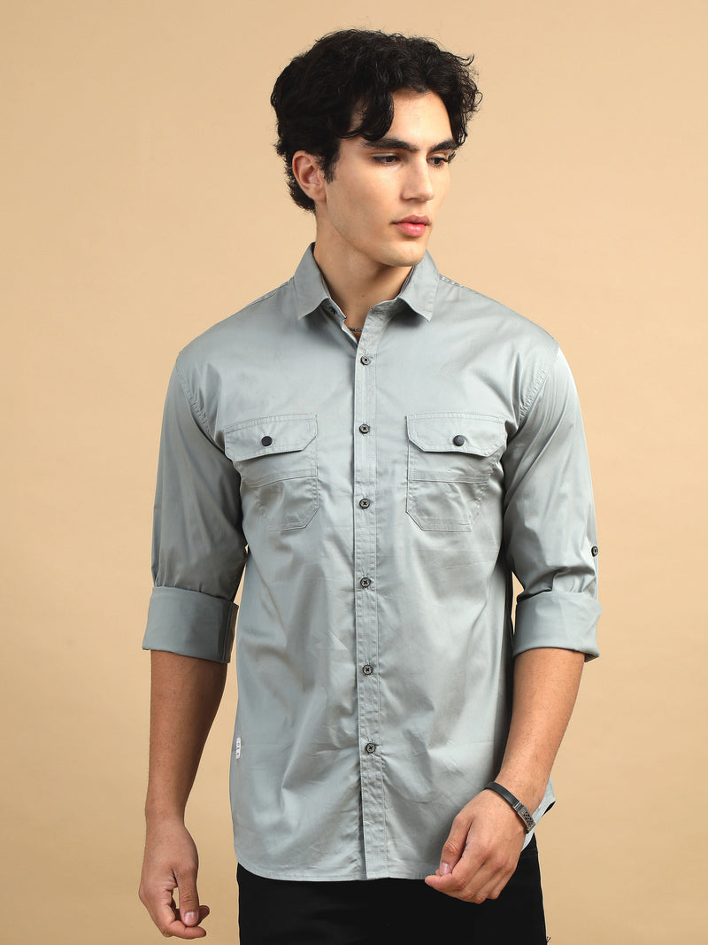 Men Light Grey Slim Fit Solid Full Sleeve Casual Shirt