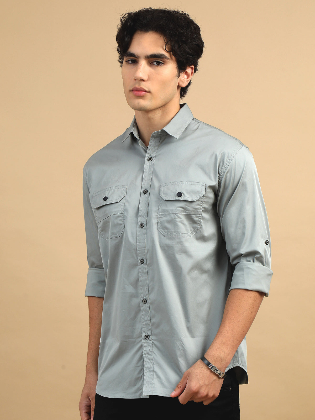 Men Light Grey Slim Fit Solid Full Sleeve Casual Shirt