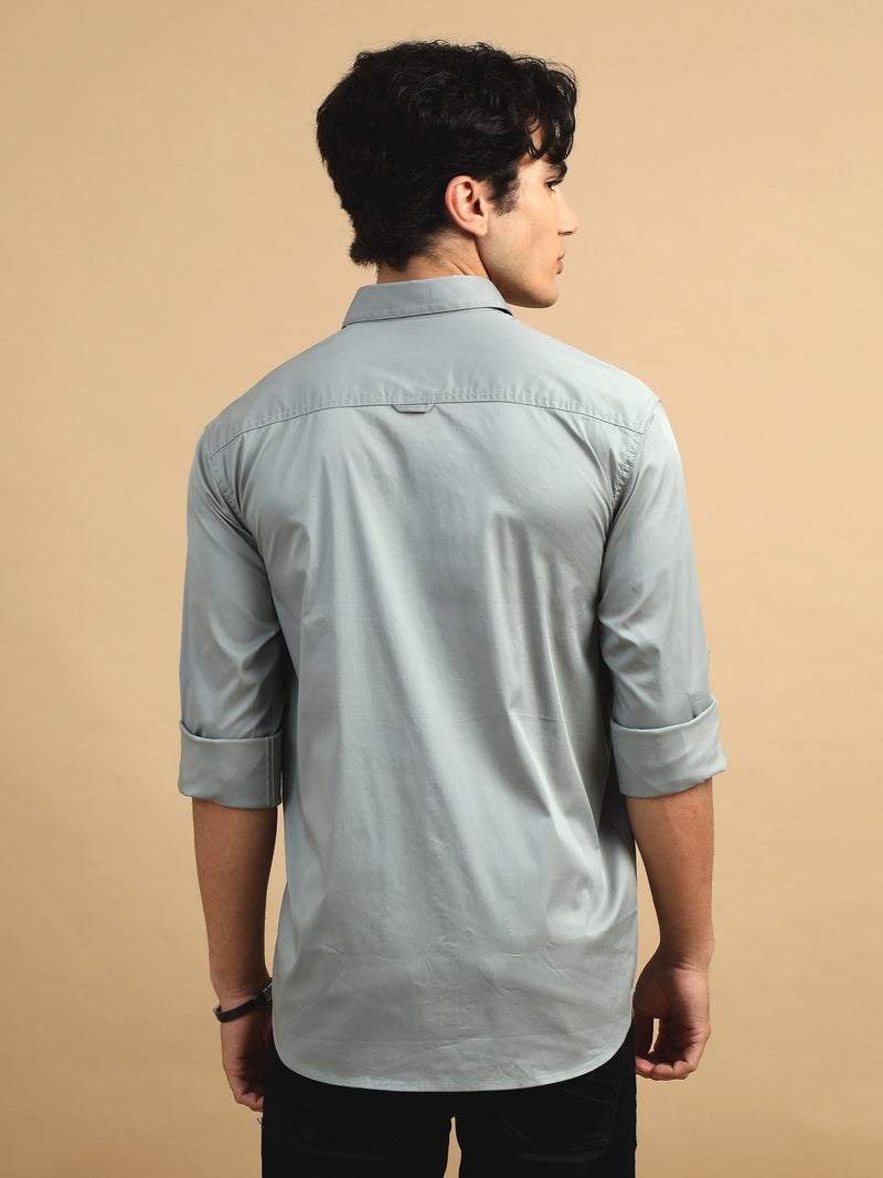 Men Light Grey Slim Fit Solid Full Sleeve Casual Shirt