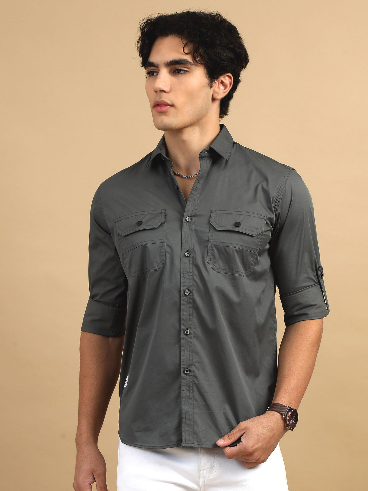 Men Dark Grey Slim Fit Solid Full Sleeve Casual Shirt