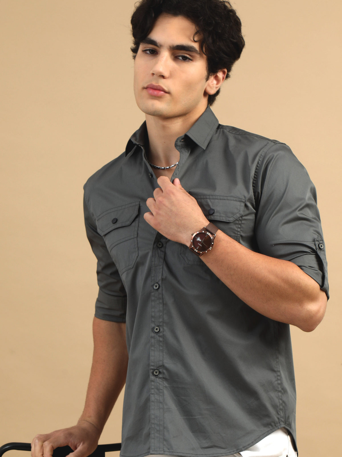 Men Dark Grey Slim Fit Solid Full Sleeve Casual Shirt