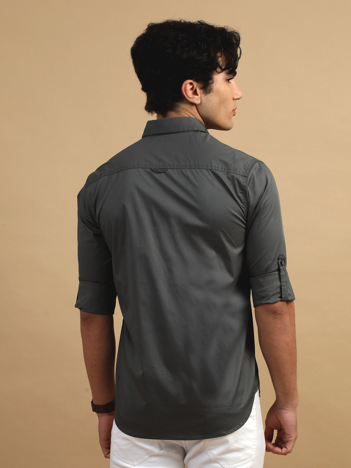 Men Dark Grey Slim Fit Solid Full Sleeve Casual Shirt