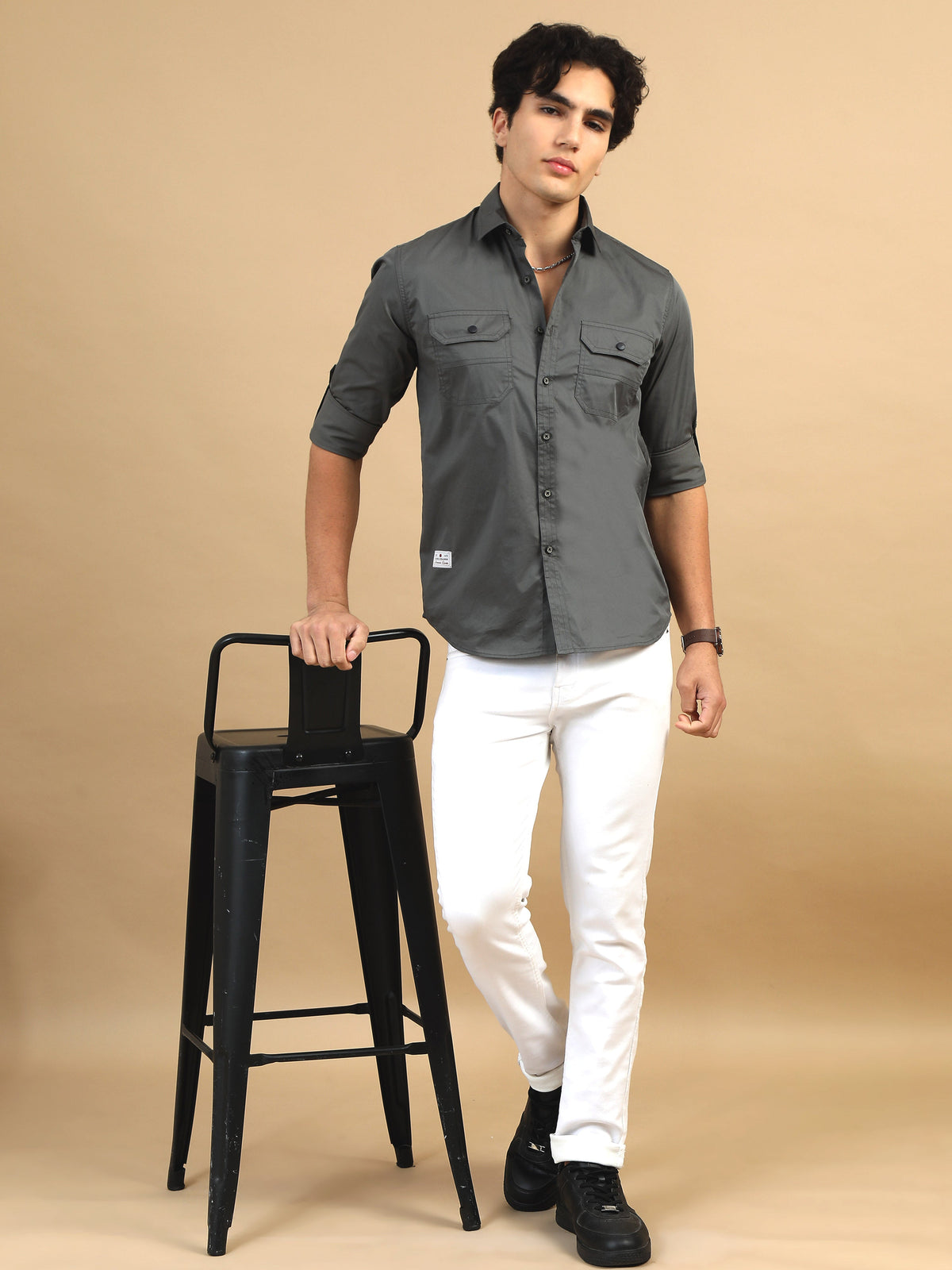 Men Dark Grey Slim Fit Solid Full Sleeve Casual Shirt