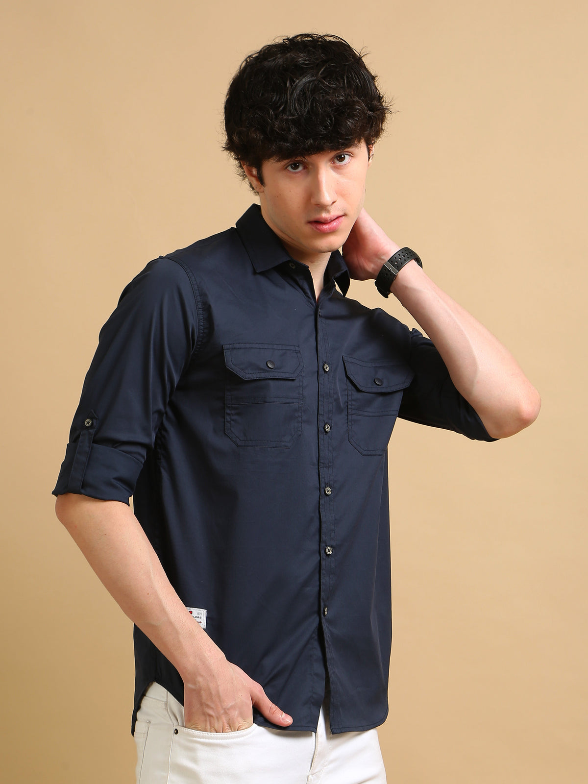 Men Navy Slim Fit Solid Full Sleeve Casual Shirt