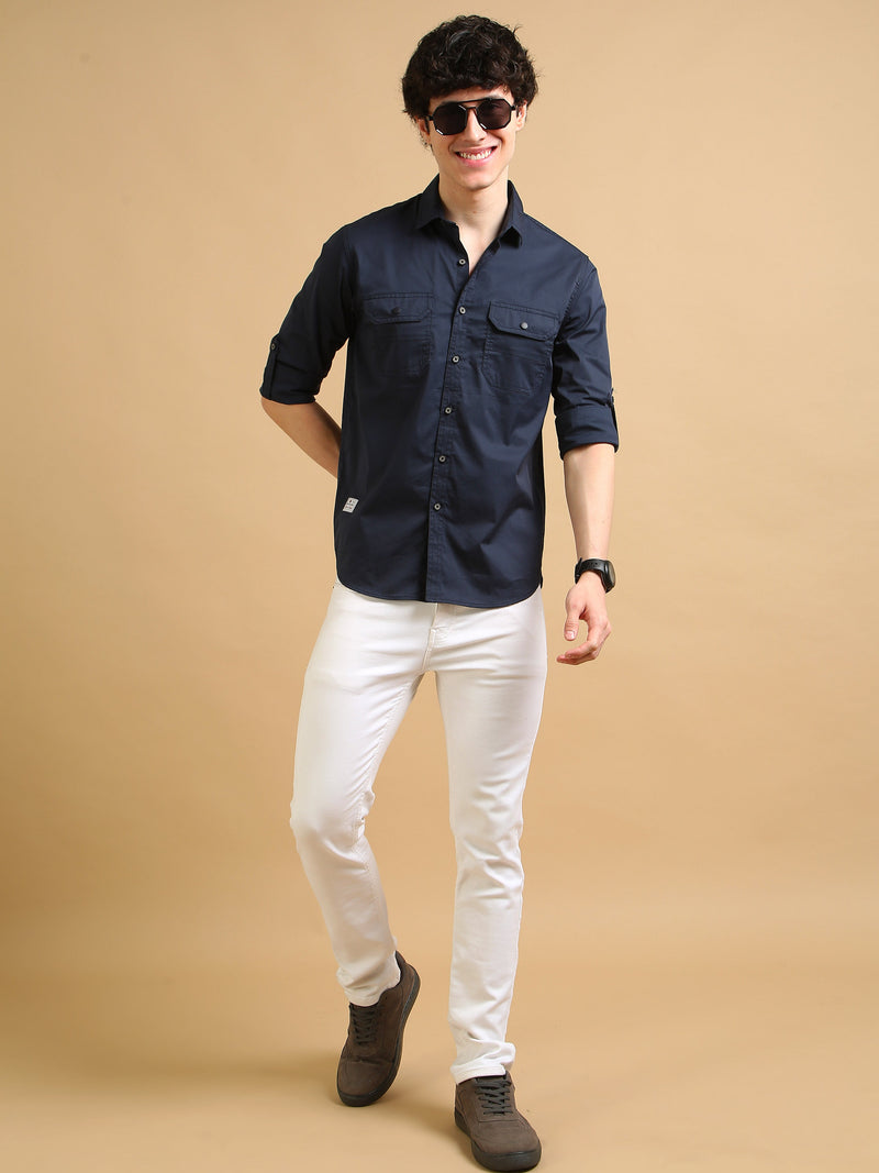 Men Navy Slim Fit Solid Full Sleeve Casual Shirt