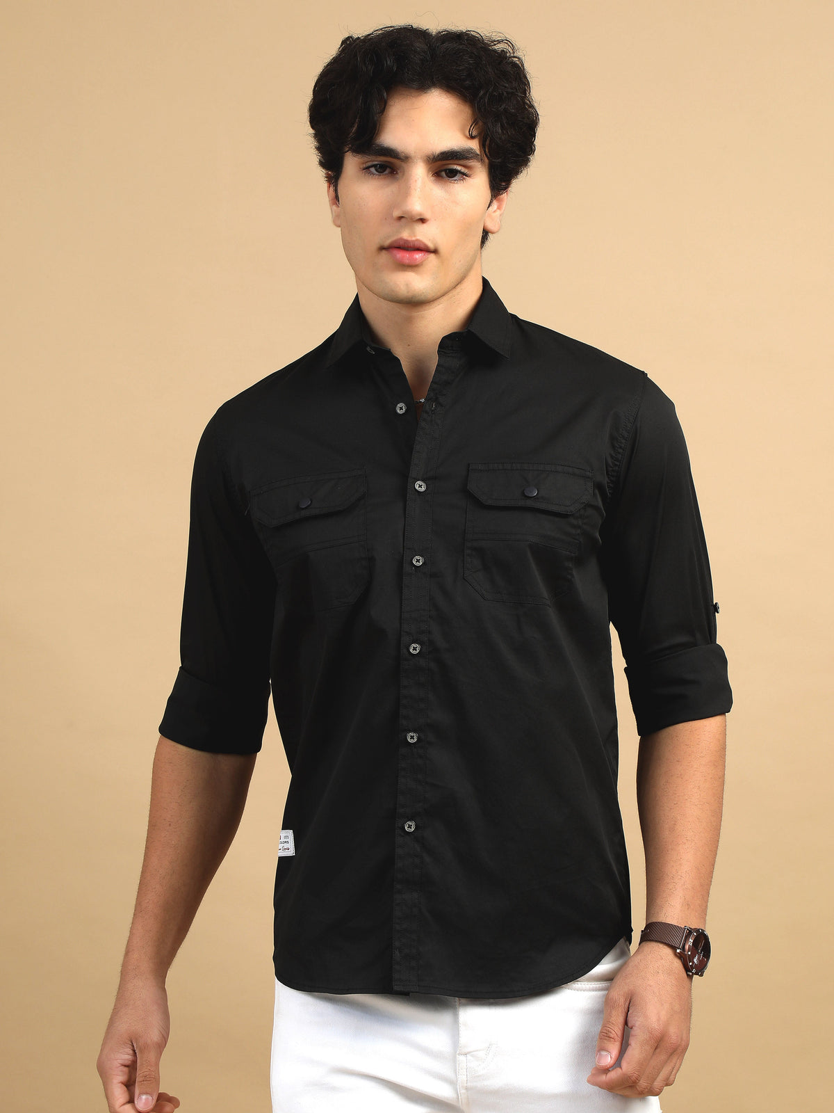 Men Black Slim Fit Solid Full Sleeve Casual Shirt