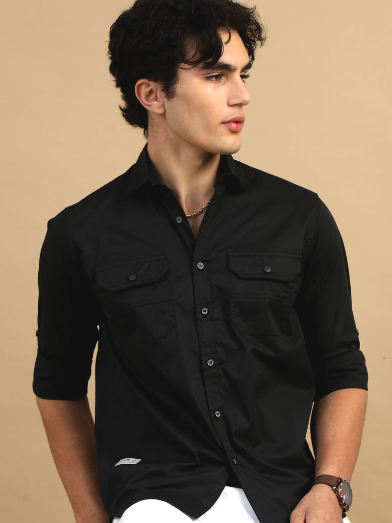 Men Black Slim Fit Solid Full Sleeve Casual Shirt