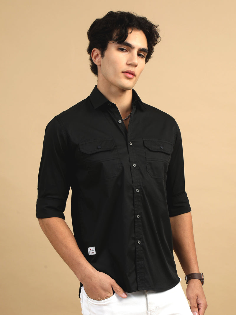 Men Black Slim Fit Solid Full Sleeve Casual Shirt