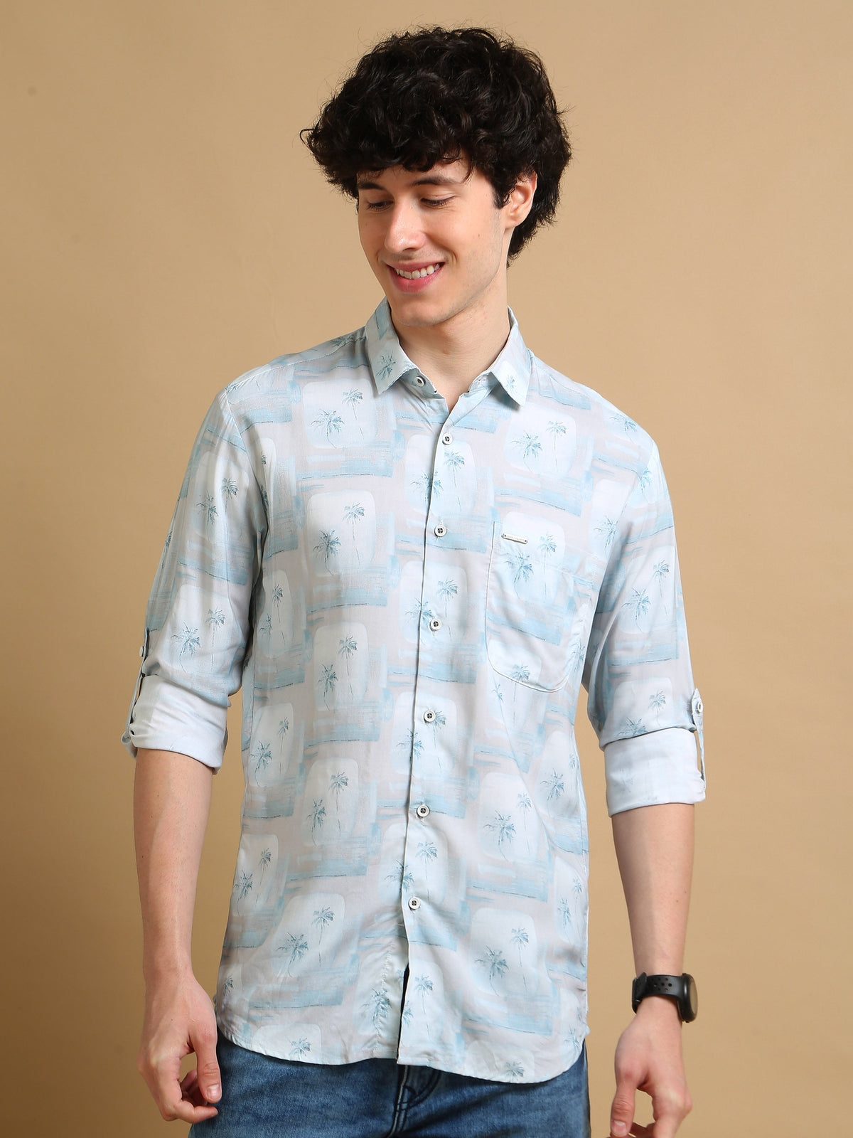 Men Sky Blue Slim Fit Printed Full Sleeve Casual Shirt