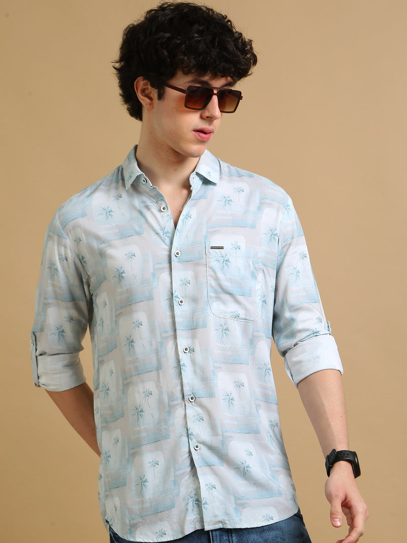 Men Sky Blue Slim Fit Printed Full Sleeve Casual Shirt