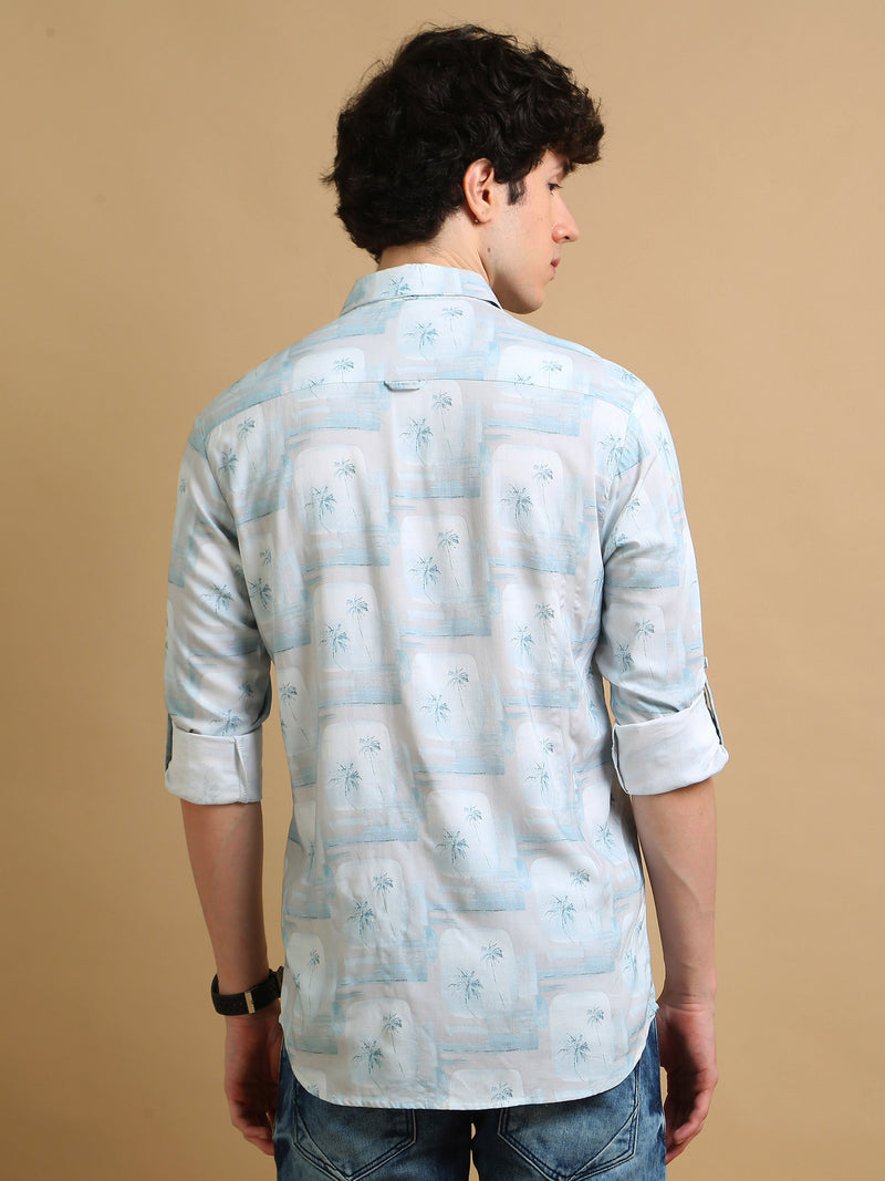 Men Sky Blue Slim Fit Printed Full Sleeve Casual Shirt