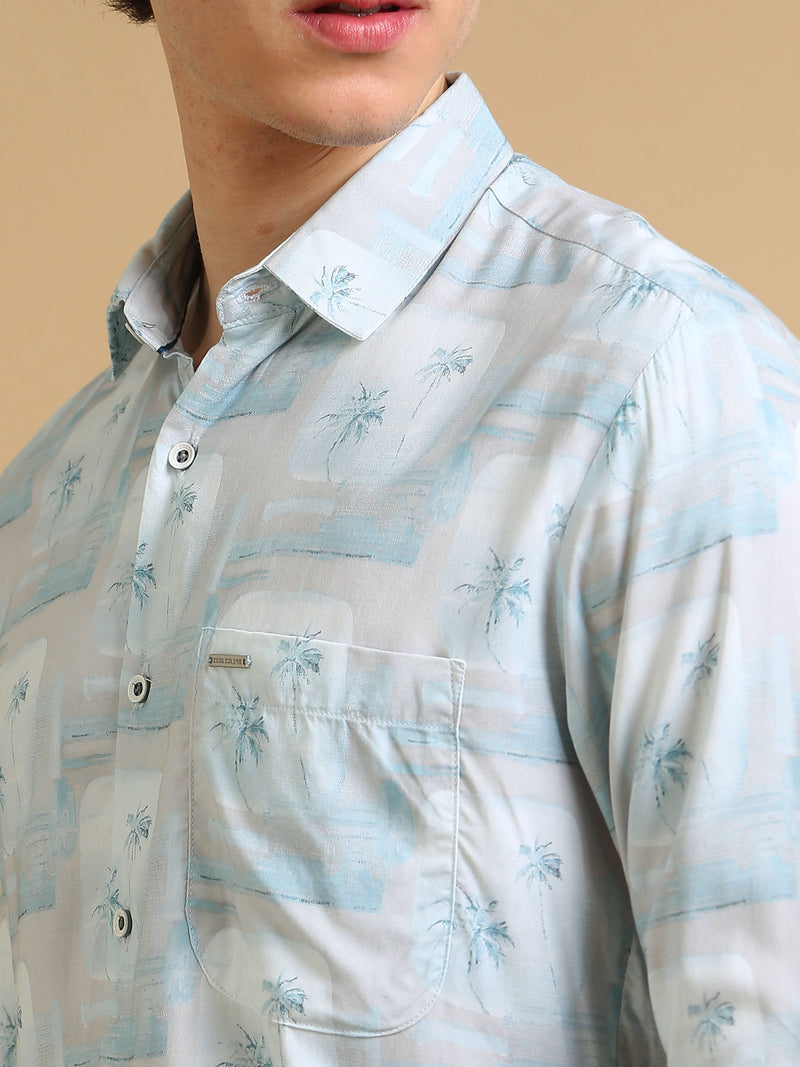 Men Sky Blue Slim Fit Printed Full Sleeve Casual Shirt