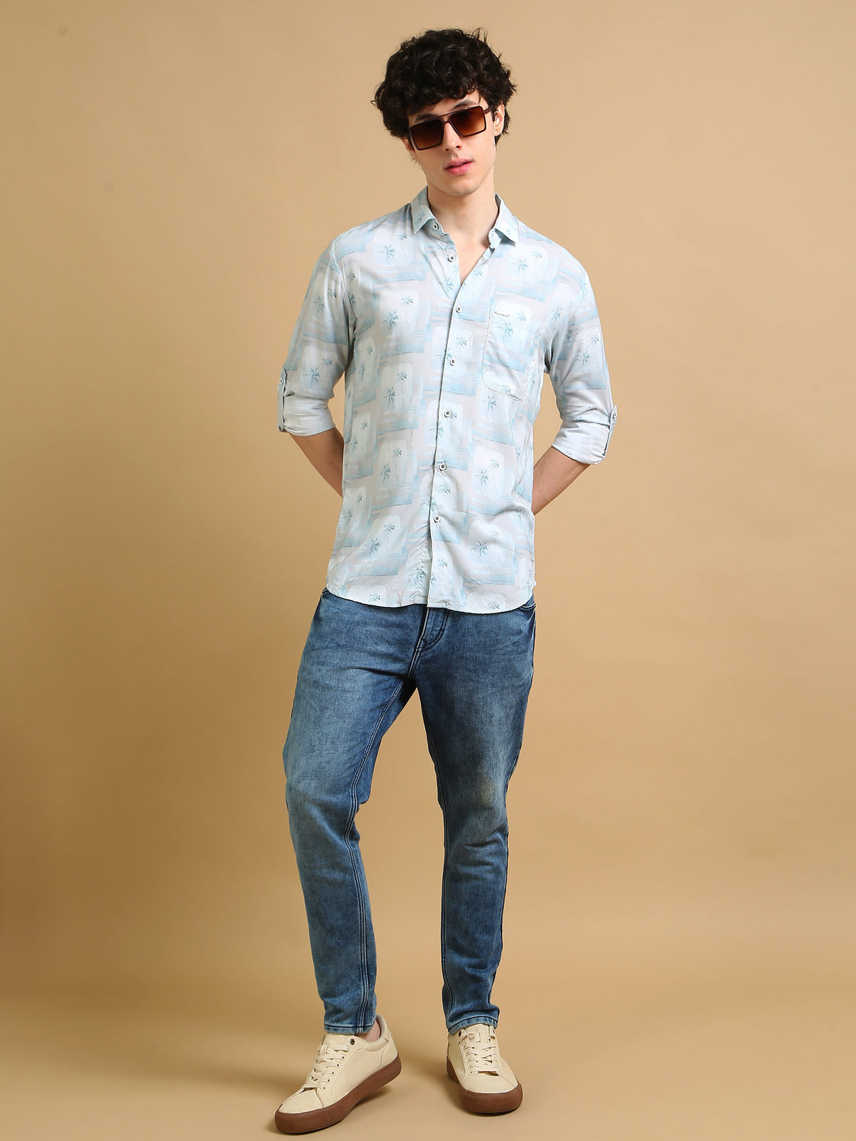 Men Sky Blue Slim Fit Printed Full Sleeve Casual Shirt