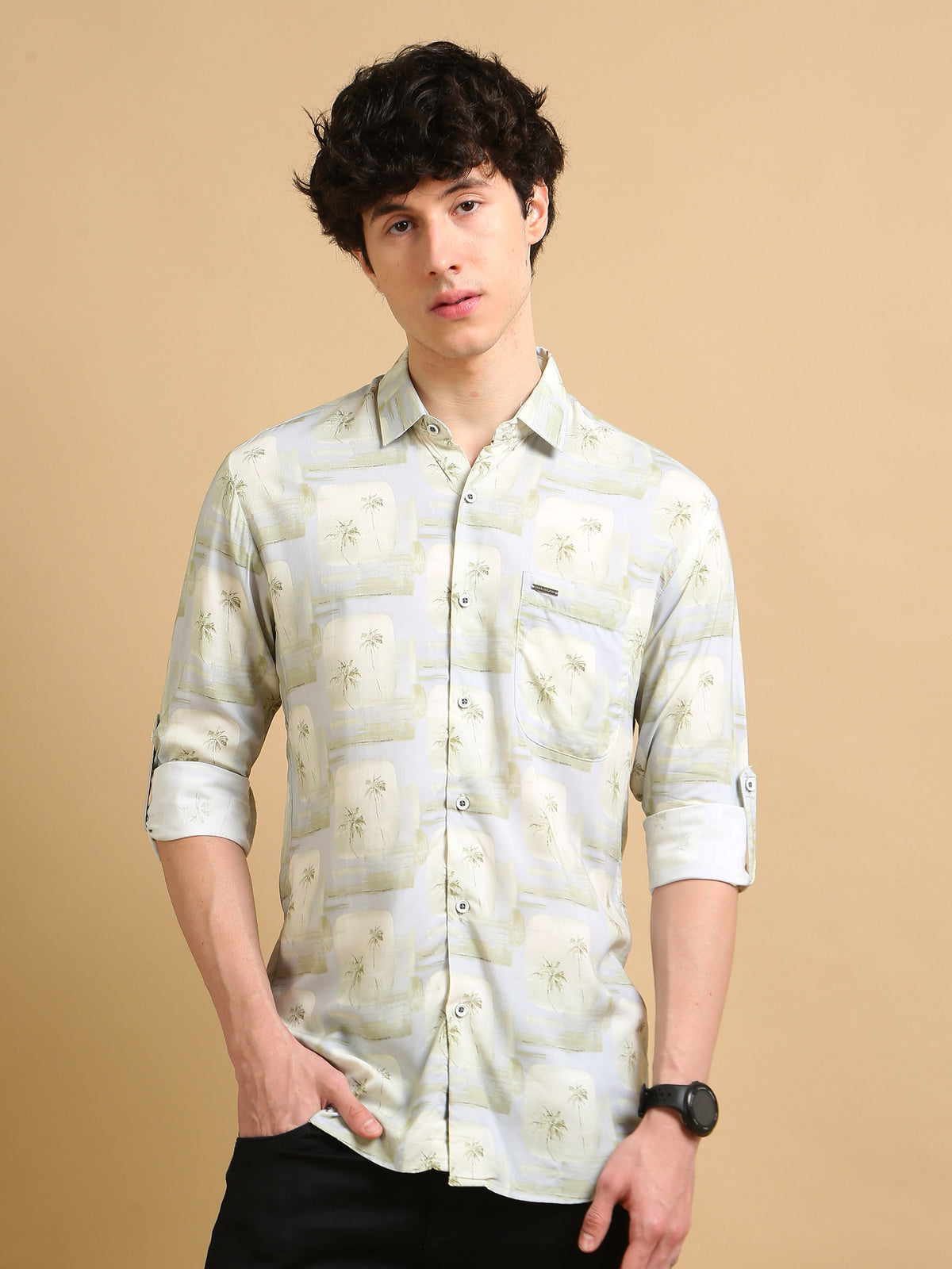 Men Cream Slim Fit Printed Full Sleeve Casual Shirt