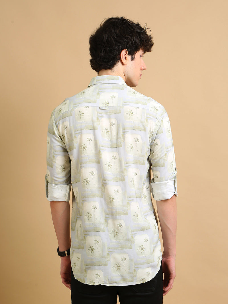 Men Cream Slim Fit Printed Full Sleeve Casual Shirt