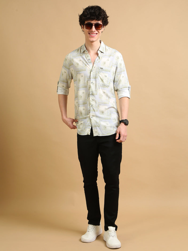 Men Cream Slim Fit Printed Full Sleeve Casual Shirt