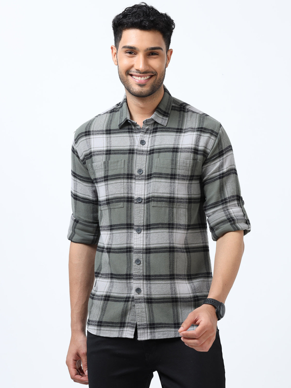 Men Grey & Green Slim Fit Checks Full Sleeve Casual Shirt