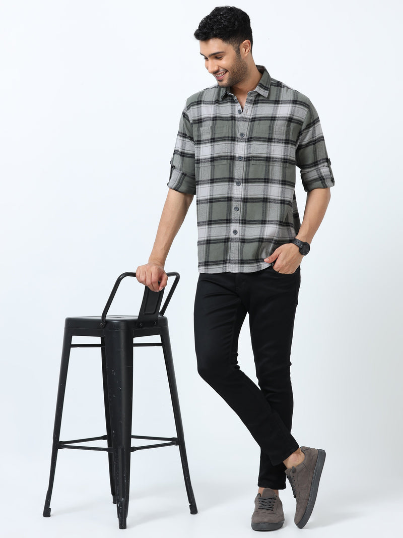 Men Grey & Green Slim Fit Checks Full Sleeve Casual Shirt