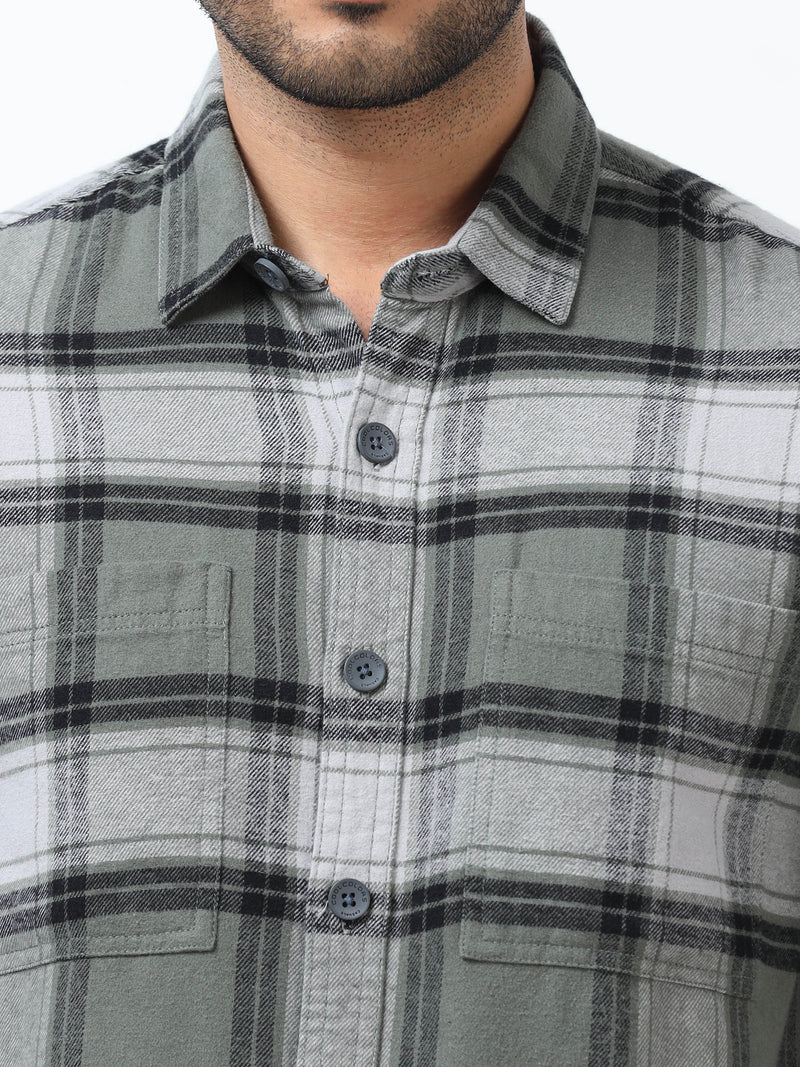 Men Grey & Green Slim Fit Checks Full Sleeve Casual Shirt