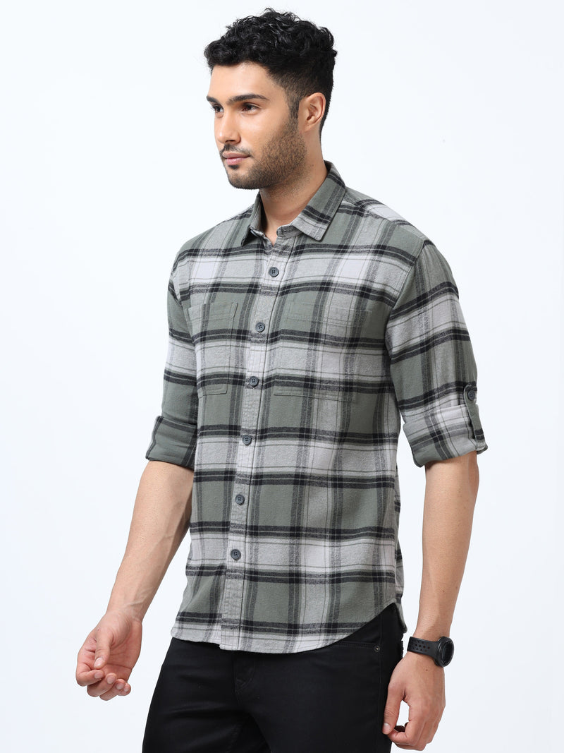 Men Grey & Green Slim Fit Checks Full Sleeve Casual Shirt