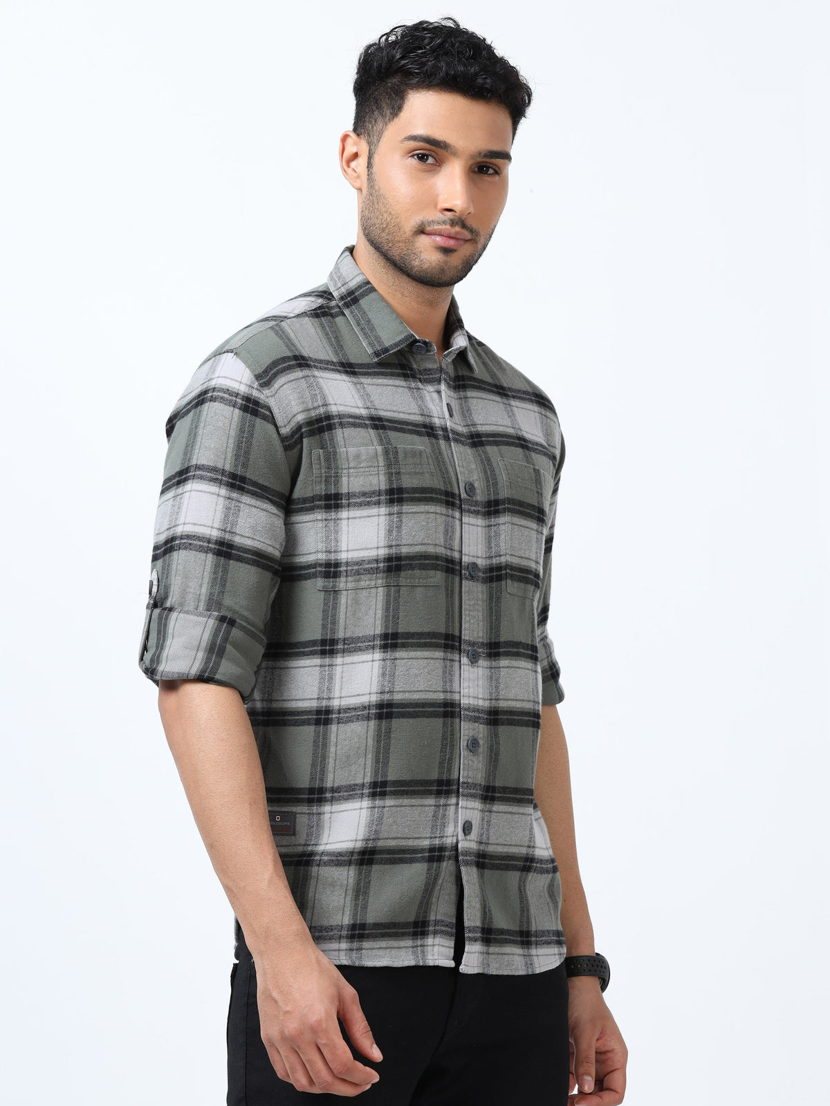 Men Grey & Green Slim Fit Checks Full Sleeve Casual Shirt