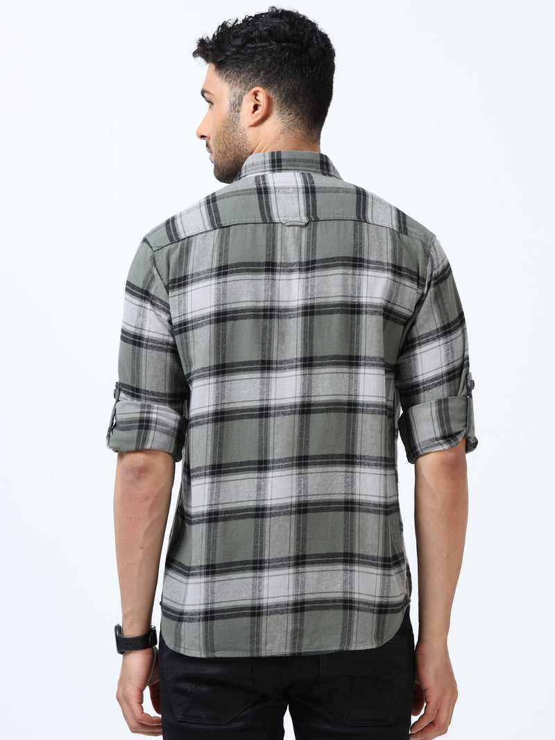 Men Grey & Green Slim Fit Checks Full Sleeve Casual Shirt