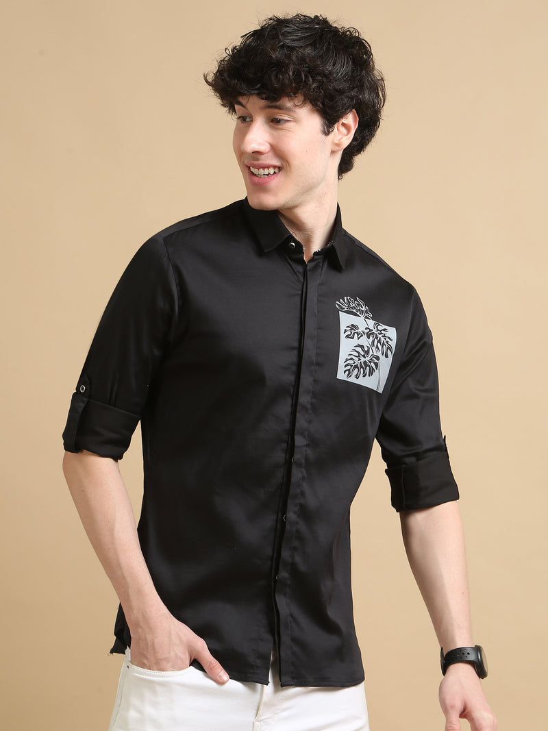 Men Black Slim Fit Solid Cotton Chest Print Full Sleeve Casual Shirt