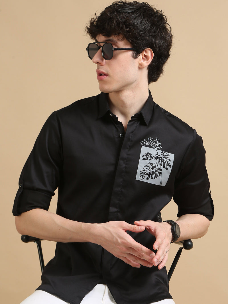 Men Black Slim Fit Solid Cotton Chest Print Full Sleeve Casual Shirt