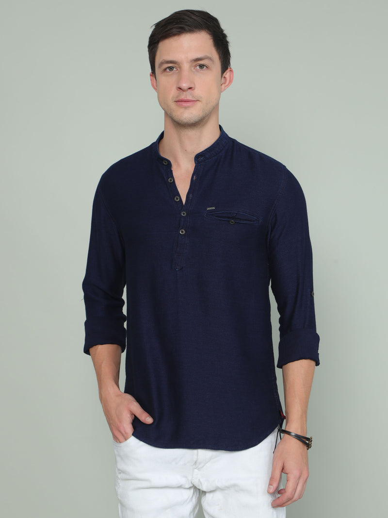 Shop Men's Blue Slim Fit Solid Full Sleeves Casual Kurta Shirt Online.