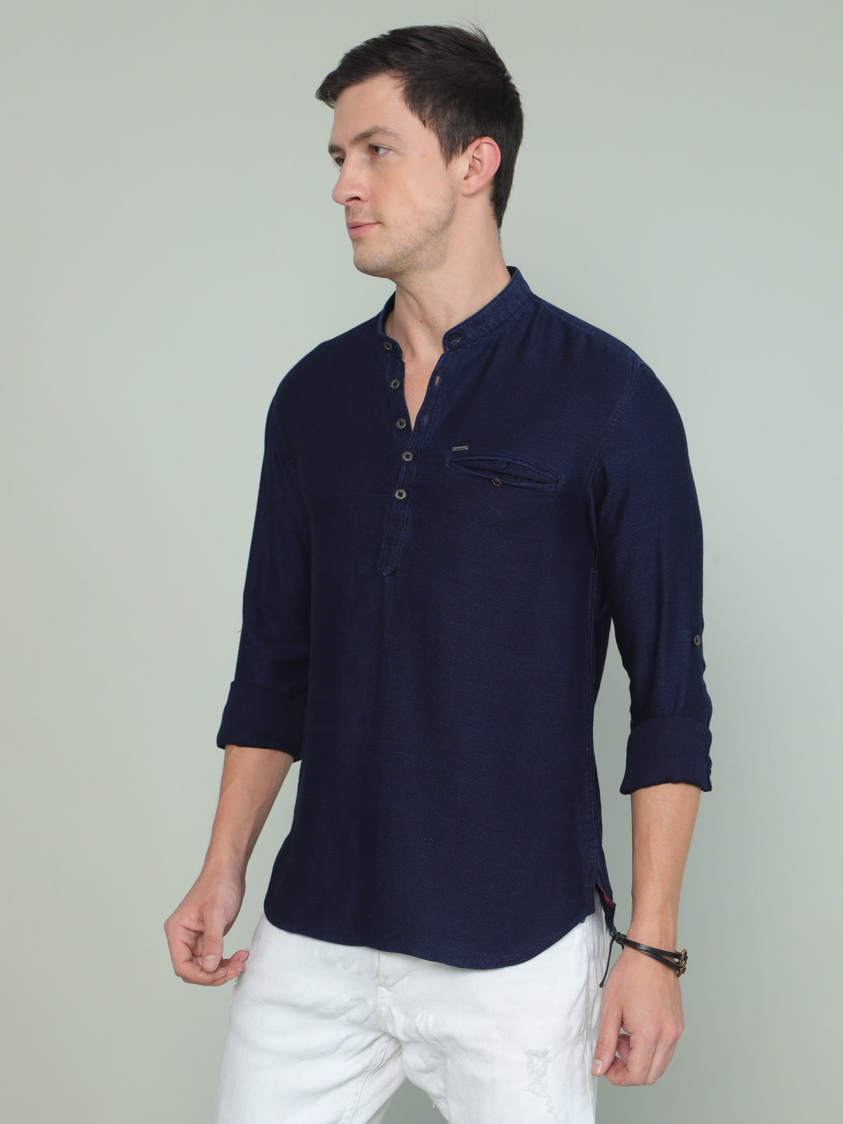 Shop Men's Blue Slim Fit Solid Full Sleeves Casual Kurta Shirt Online.