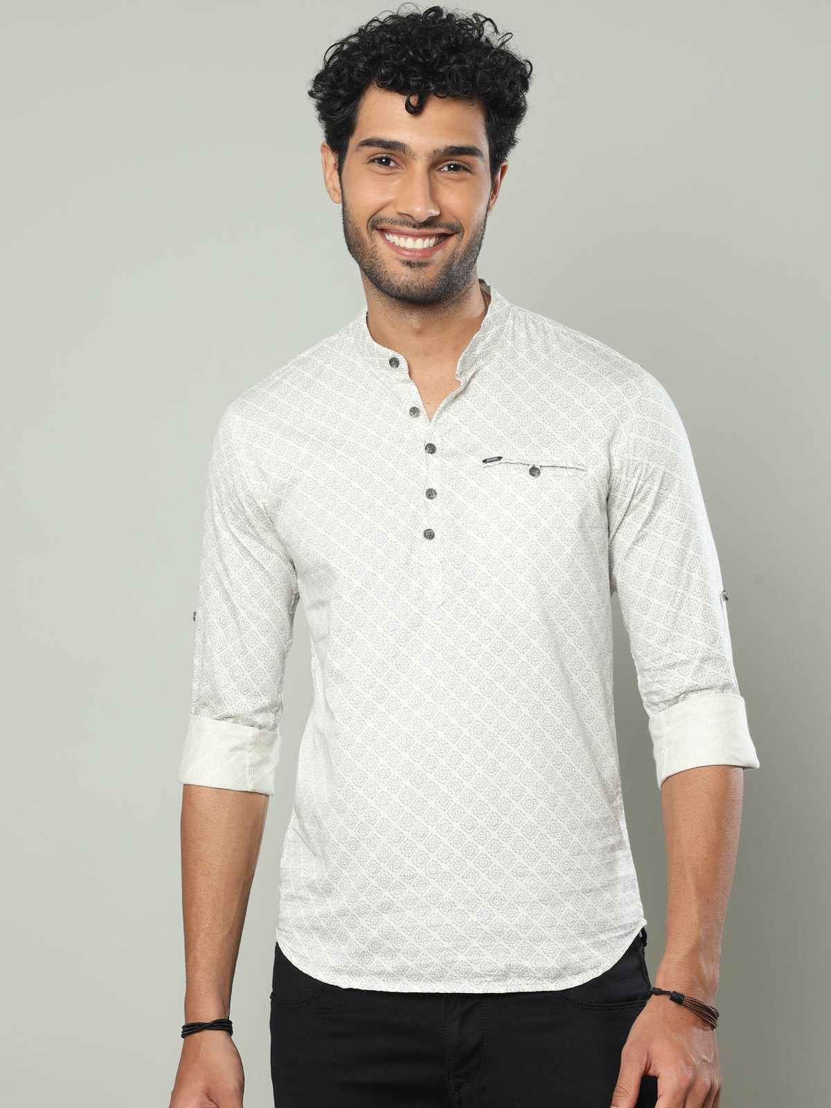 Shop Men's White Slim Fit Full Sleeve Printed Casual Kurta Shirt Online.