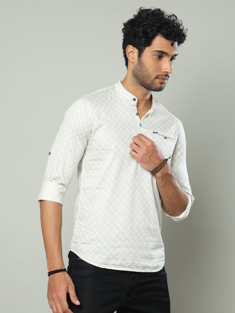 Shop Men's White Slim Fit Full Sleeve Printed Casual Kurta Shirt Online.